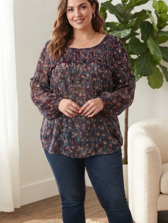 LOGO by Lori Goldstein Tops - LOGO by Lori Goldstein 1X Blue and Burgundy Floral Tunic Top